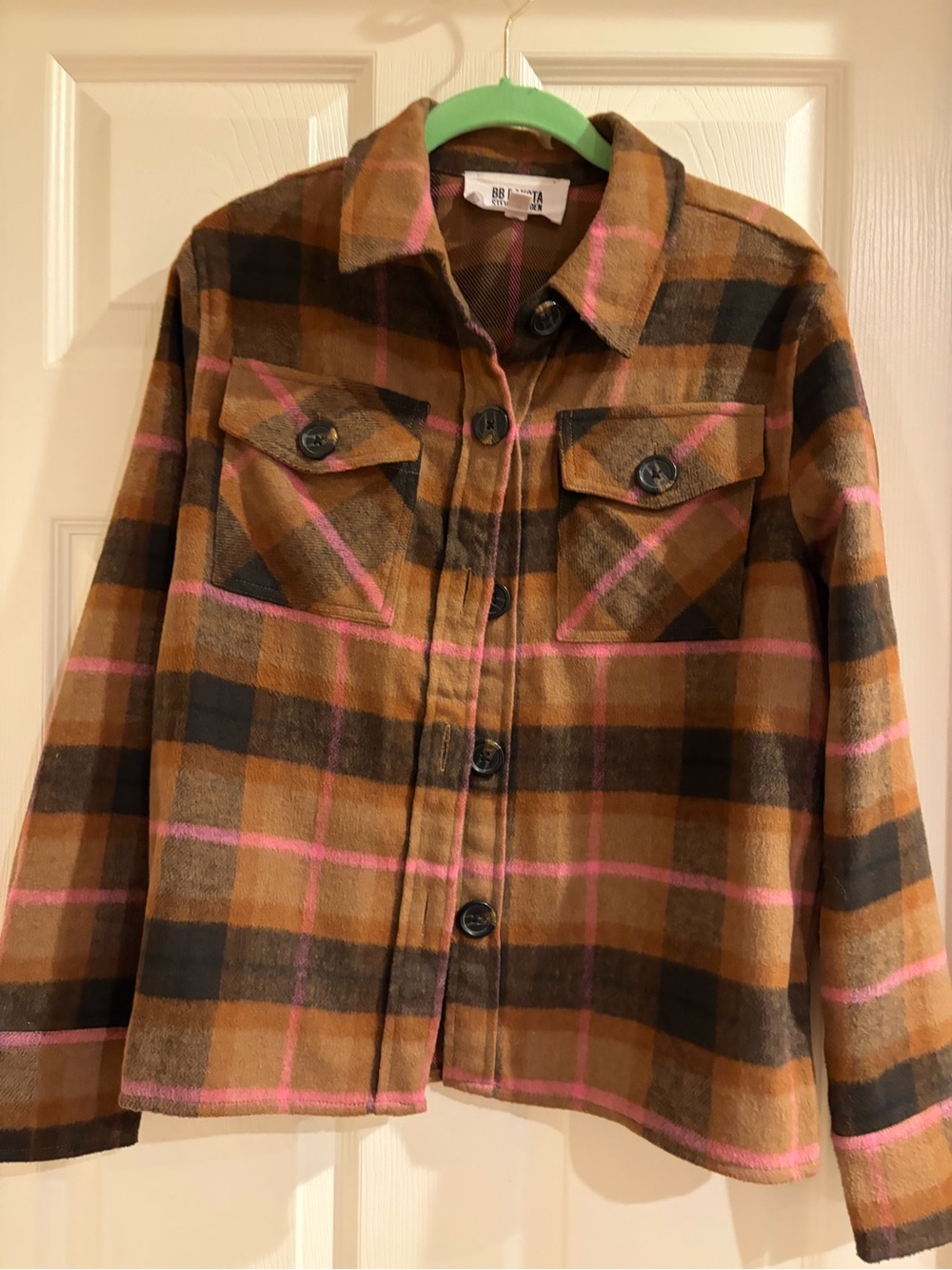 BB Dakota Steve Madden Tan/Brown/Pink Plaid Button-Front Utility Shacket-Small